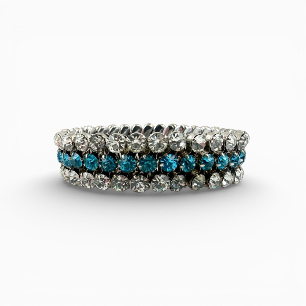 Vintage Rhinestone Expansion Bracelet Aqua Blue Clear Stones Silver Tone